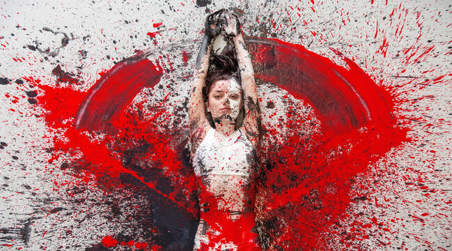 View of a woman from above in underwear, sportswear, artistically abstract painted with black, red, white paint, lies on the floor and spreads the paint on the floor in the form of wings.