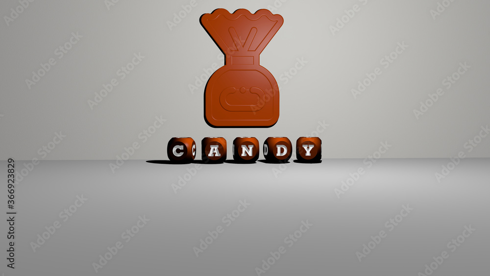 Aufkleber 3d graphical image of candy vertically along with text built by metallic cubic letters from the top 