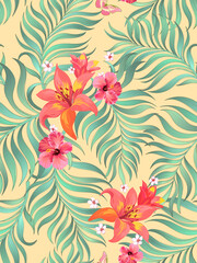 Tropical floral seamless pattern with exotic palm leaves. Trendy summer print with hibiscus  flowers.