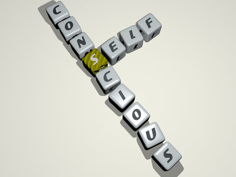 Crosswords Of Self Conscious Arranged By Cubic Letters On A Mirror Floor, Concept Meaning And Presentation. Illustration And Background