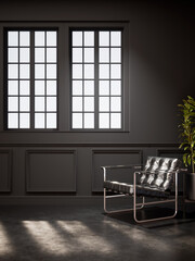 Black Room Interior design with chair. room mockup stylish, modern classic room interior 3d rendering illustration