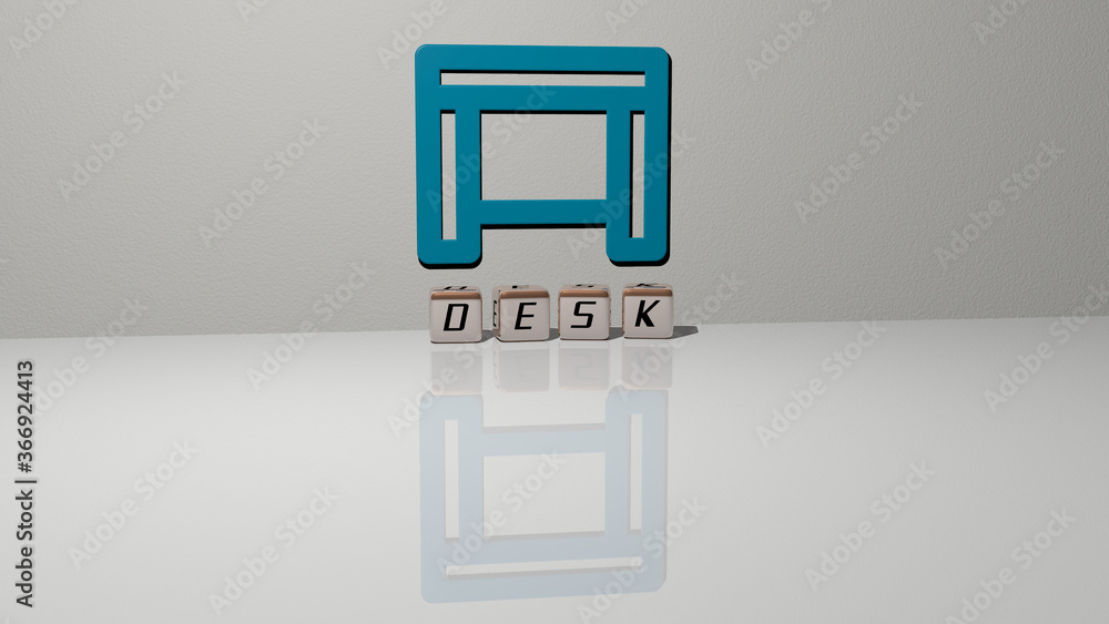 Poster 3d representation of desk with icon on the wall and text arranged by metallic cubic letters on a mir