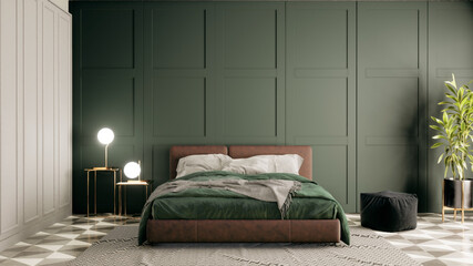 Modern Vintage interior of green bedroom with double bed, 3D rendering background
 - obrazy, fototapety, plakaty