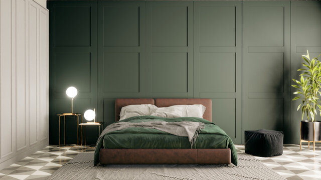 Modern Vintage interior of green bedroom with double bed, 3D rendering background
