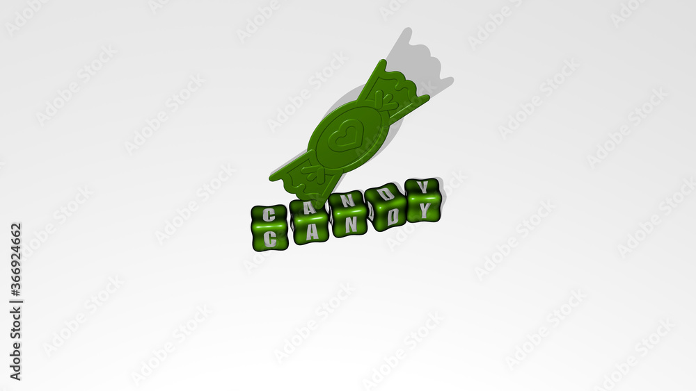 Poster 3d graphical image of candy vertically along with text built by metallic cubic letters from the top 