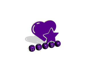 3D representation of HEART with icon on the wall and text arranged by metallic cubic letters on a mirror floor for concept meaning and slideshow presentation. illustration and background