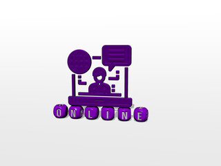 3D graphical image of ONLINE vertically along with text built by metallic cubic letters from the top perspective, excellent for the concept presentation and slideshows. illustration and business