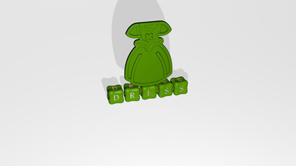 3D representation of dress with icon on the wall and text arranged by metallic cubic letters on a mirror floor for concept meaning and slideshow presentation. beautiful and girl