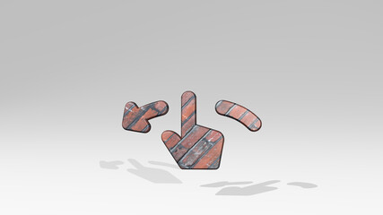 GESTURE SWIPE HORIZONTAL LEFT casting shadow from a perspective. A thick sculpture made of metallic materials of 3D rendering. background and hand