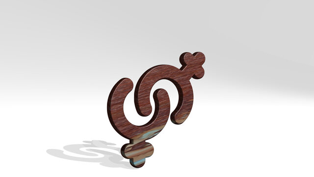 gender lesbian casting shadow with two lights. 3D illustration of metallic sculpture over a white background with mild texture. female and concept