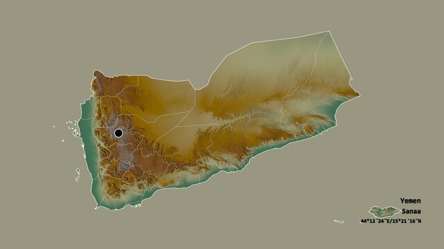 Al Bayda', governorate of Yemen, with its capital, localized, outlined and zoomed with informative overlays on a relief map in the Stereographic projection. Animation 3D