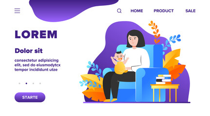 Mother sitting in armchair and holding little baby. Kid, infant, toddler flat vector illustration. Family and parenting concept for banner, website design or landing web page