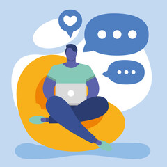 young man using laptop in the sofa social media technology