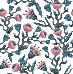 Materiał do szycia Floral raster seamless pattern. Floral botanical motifs. Illustration with flowers can be used for wallpapers, pattern fills, web page backgrounds,surface textures. Gorgeous floral arrangement
