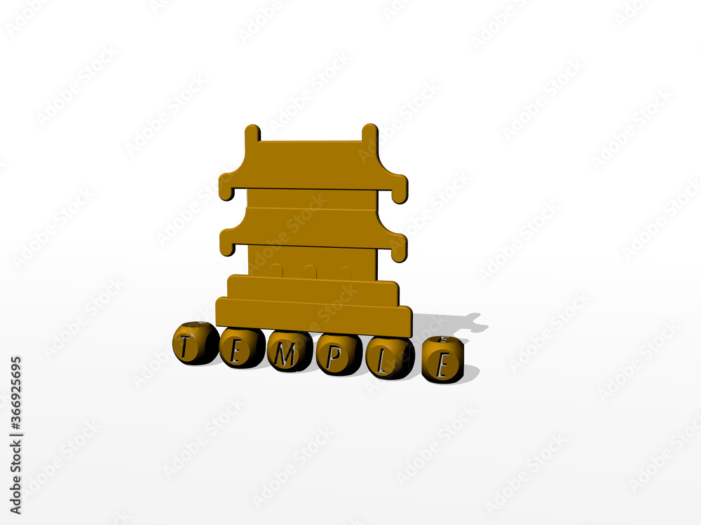 Poster 3d graphical image of temple vertically along with text built by metallic cubic letters from the top