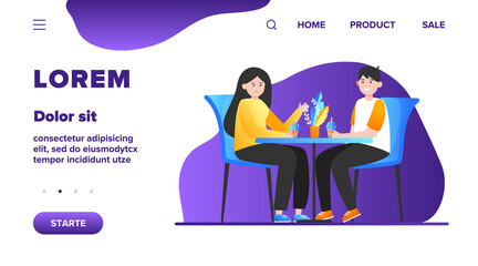 Young couple sitting in cafe and drinking bubble tea. Date, love, coffee flat vector illustration. Relationship and family concept for banner, website design or landing web page