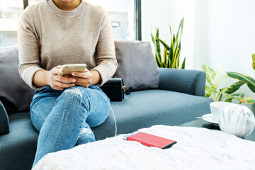 Young women sitting on the sofa and mobile phone chargers