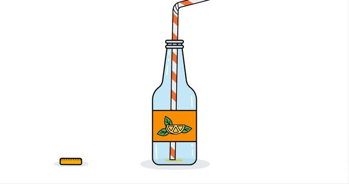 Bottle of carbonated orange drink pops up, opens and drinks through straw, then retracts. Vector 4k animation