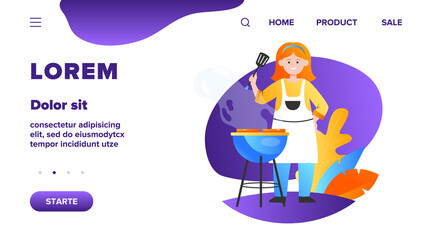 Happy woman grilling barbecue meat. Female chef in apron holding spatula, cooking in garden flat vector illustration. BBQ party, summer, food concept for banner, website design or landing web page