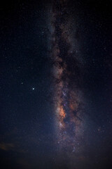 Vertical Milky way,Many stars on dark night with noise , White clouds obscured and disturbed.