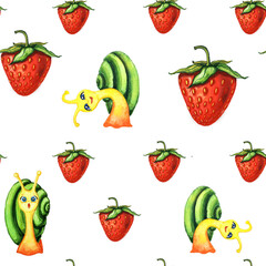watercolor seamless pattern with little funny yellow snails with green shells and strawberries