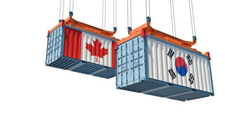 Freight containers with Canada and South Korea flag. 3D Rendering 