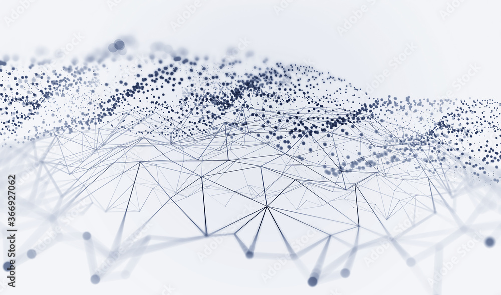 Poster Neural network 3D illustration. Abstract Big data concept. Global database and artificial intelligence. Bright, colorful background with bokeh effect