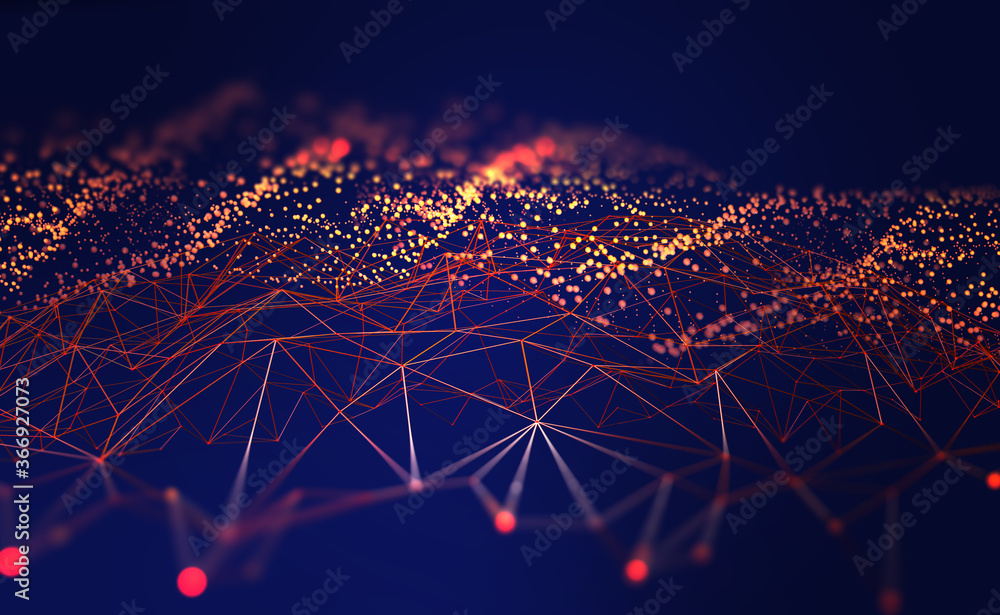 Aufkleber Neural network 3D illustration. Abstract Big data concept. Global database and artificial intelligence. Bright, colorful background with bokeh effect