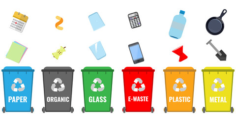 Set of colored containers for sorting garbage with wheels and garbage by sorting categories. Waste recycling concept.
