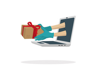 Hands in medical gloves holding gift bow package coming out of a laptop. Online shopping service and parcels safely and with protection.
