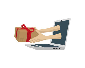 hands holding gift bow package coming out of a laptop. Internet shopping and parcel service