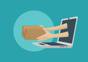 Hands holding package coming out of a laptop. Internet shopping and parcel service.