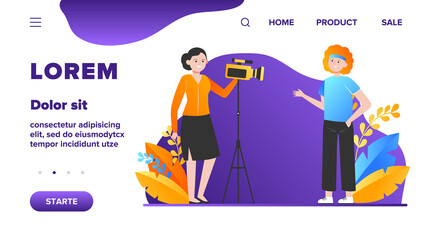 Two women shooting movie, interview or video for blog. Camera, reporter, training flat vector illustration. Cinema and digital technology concept for banner, website design or landing web page