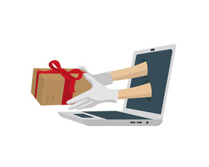 Hands in white gloves holding gift bow package coming out of a laptop. Online shopping service and parcels safely and with protection.