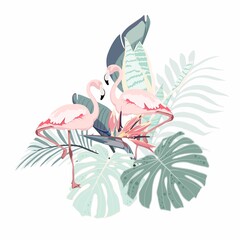 Pink flamingo bird, tropical flowers, palm leaves, monstera, jungle leaf composition. Exotic plants botanical illustration isolated on white background.