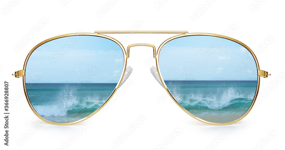 Poster aviator sunglasses with ocean reflection. isolated