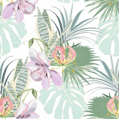 Tropical flower, succulent and others exotic flowers and leaves. Beach wallpaper seamless pattern.	