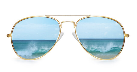 aviator sunglasses with ocean reflection. Isolated