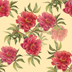 Watercolor composition on cream background. Handmade work bouquet flowers peony. Seamless pattern for design. 