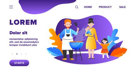 Family with kids grilling barbecue meat outdoors. Picnic, children, parents flat vector illustration. Leisure, summer, food concept for banner, website design or landing web page