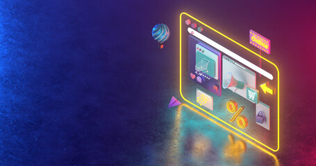 3d rendering of Web icons  and neon light.