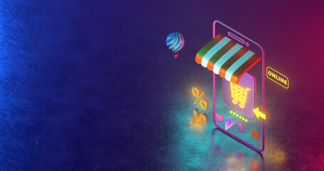 3d rendering of of shopping cart icons  and neon light.