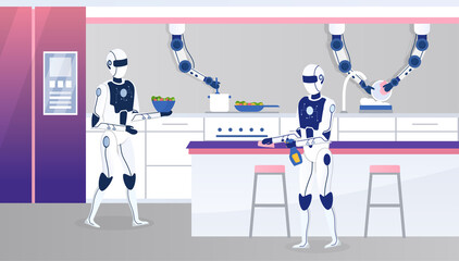 Two home robots work in a modern kitchen. Futuristic concept with humanoid robot assistants. Multitasking engineered for people assistance. Automated cooking process at home. Flat Vector Illustration