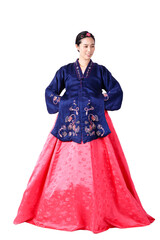 A beautiful Asian woman wearing hanbok is the national dress of Korea. White background. isolated. Clipping path