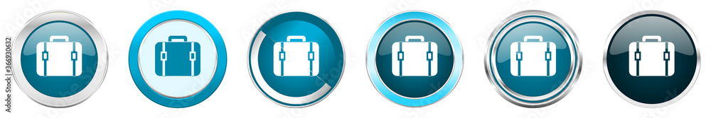 Poster Bag silver metallic chrome border icons in 6 options, set of web blue round buttons isolated on white background