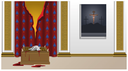 Sacrificial Lamb In Front Of Torn Veil In Temple At The Same Time As Jesus Christ Is Crucified On Cross Vector