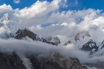Fototapeta na wymiar Engilchek Glacier and Khan Tengri Mountain, Central Tian Shan Mountain range, Border of Kyrgyzstan and China, Kyrgyzstan