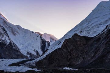Engilchek Glacier and Khan Tengri Mountain at sunrise, Central Tian Shan Mountain range, Border of Kyrgyzstan and China, Kyrgyzstan