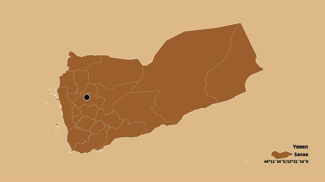 Ibb, governorate of Yemen, with its capital, localized, outlined and zoomed with informative overlays on a solid patterned map in the Stereographic projection. Animation 3D