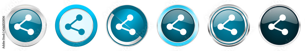 Poster share silver metallic chrome border icons in 6 options, set of web blue round buttons isolated on wh